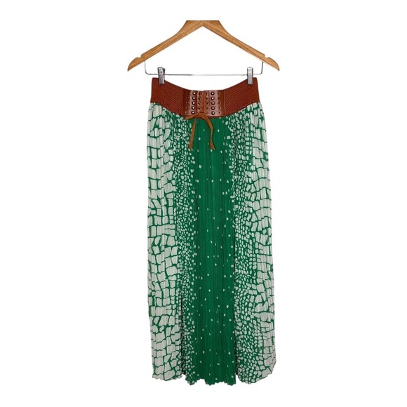 Magic Green Maxi Skirt Pleated High Waist Brown Belted‎ Snake Print Size Medium - Picture 1 of 9